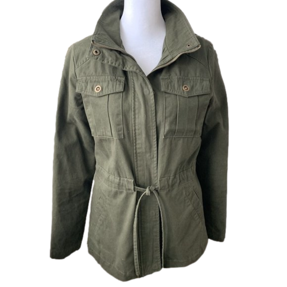 Altar'd State Green Cargo Jacket, full zip, mock neck, sinch waist w/tie & snaps